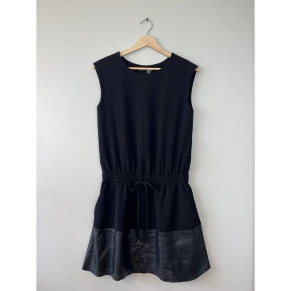 Vince Sleeveless Drawstring Waist Mini Dress Contrast Leather Black Size: XXS - Picture 2 of 9